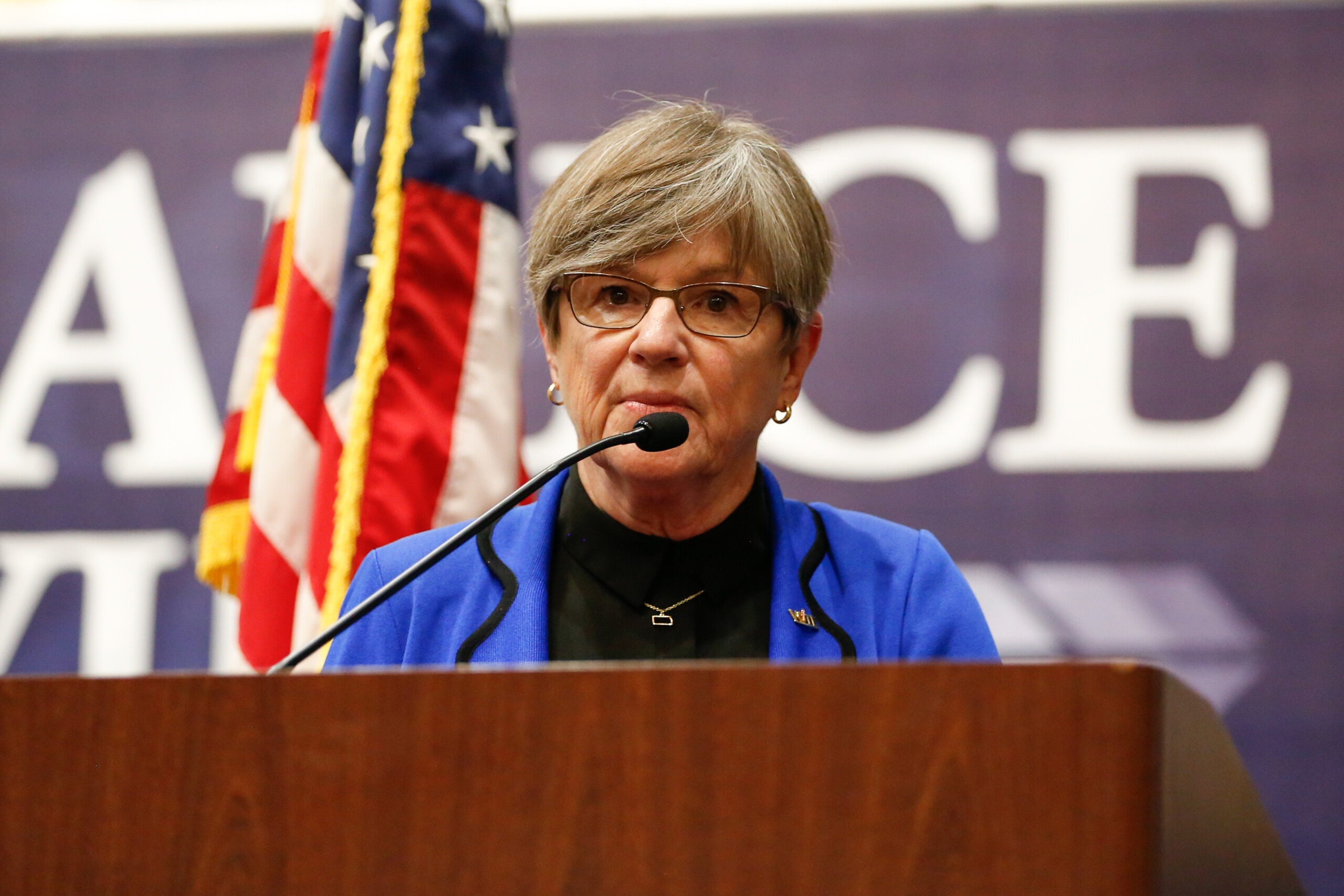 Gov. Laura Kelly speaks during the Johnson County Democratic Party's watch party.
