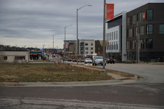 Traffic on Metcalf in downtown Overland Park near 82nd Street and Marty Street.