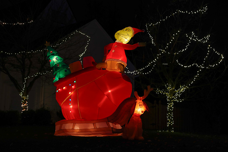 A Grinch sleigh inflatable on the corner of West 126th Terrace and West 125th Terrace in Overland Park.