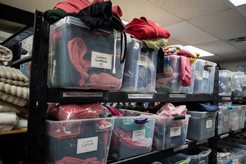 A glimpse of the supply room at Project 1020. Guests can request several items such as clothing, towels for on-site showers, shoes and personal hygiene items.