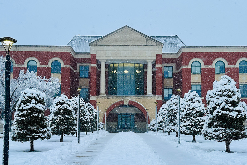 A wintry scene in January 2024 at the Johnson County Administration Building in Olathe.