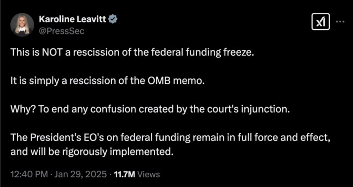A screenshot of White House Press Secretary Karoline Leavitt's X post on the order to pause federal funding pause.