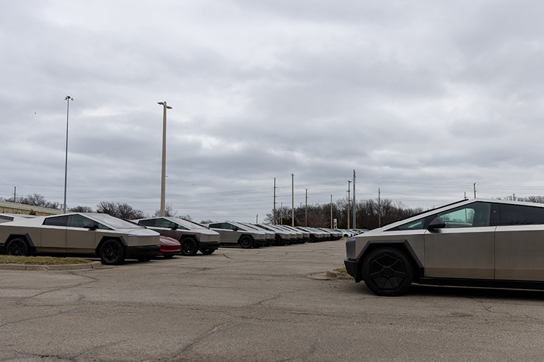 Tesla Cybertrucks sit in a parking lot at the corner of West 108th Street and Mastin Street in Overland Park on Saturday, March 15.