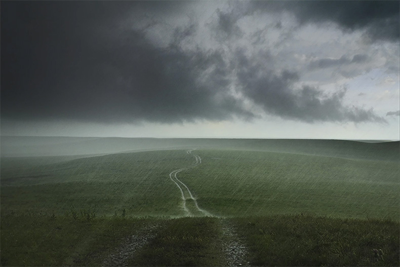 An afternoon thunderstorm sweeps through the Flint Hills at the Tallgrass Prairie Preserve, near Strong City, Kansas.