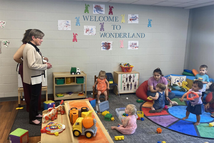 Kansas Gov. Laura Kelly visits a child care center.