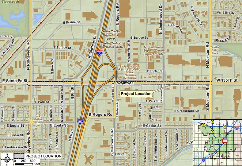 The map showing the location for the I-35 and Santa Fe interchange and corridor improvement project in Olathe.