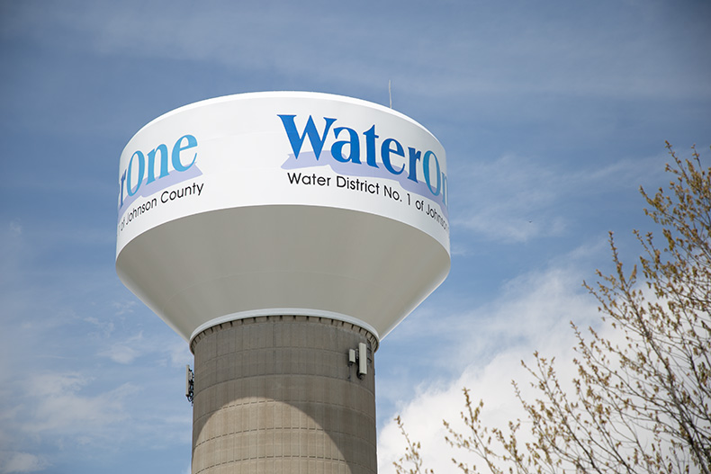 A water tower at the main WaterOne treatment plant in Lenexa.