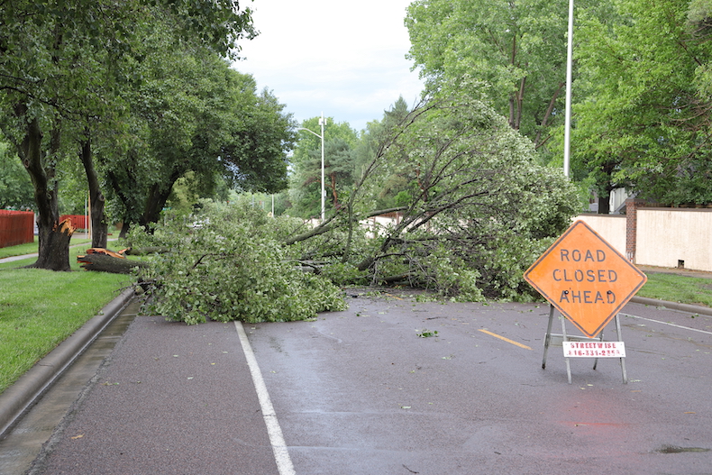 A road closed sign was placed on Lamar Avenue just north of 108th Street after trees fell into the roadway.