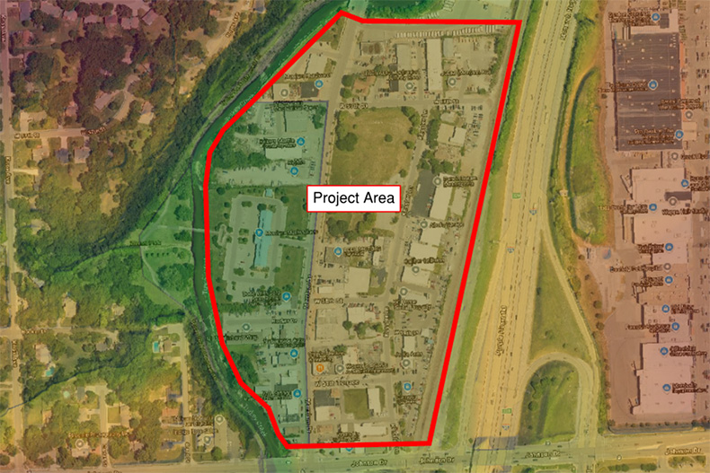 The project area in downtown Merriam for flood risk mitigation of nearby Turkey Creek.