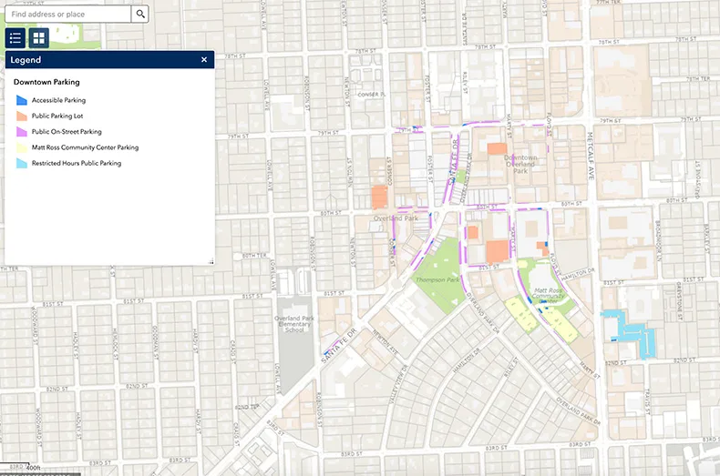 A map of available parking in downtown Overland Park during summer 2025.