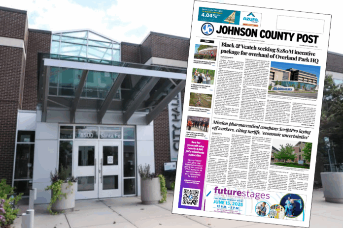 An illustration showing the Johnson County Post in front of Overland Park City Hall. Overland Park named the Post an official newspaper.