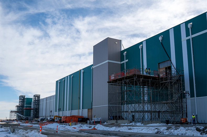 Construction continues outside the 300-acre Panasonic battery plant in De Soto, Kansas. The $4 billion dollar Panasonic Battery plant is due to start production this year.