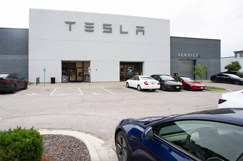 The Tesla dealership at 10111 State Line Road in Kansas City. Tesla, a significant customer for the new Panasonic battery plant in De Soto, recently acknowledged that “changing political sentiment” could have a “meaningful impact on demand for our products in the near-term.”