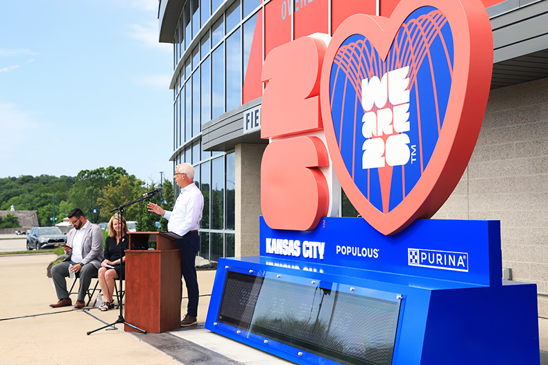 Overland Park Mayor Curt Skoog and other local leaders unveiled the World Cup Countdown Clock at the Scheels Soccer Complex on Monday, June 23.