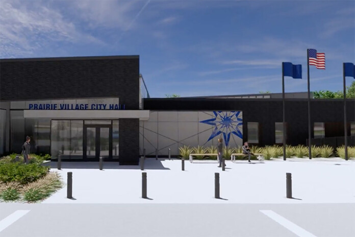 A rendering of the main entrance of the new city hall building.