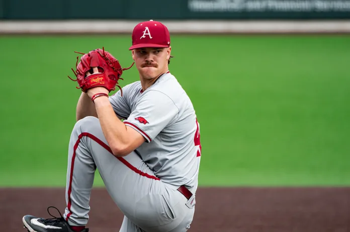 Ben Bybee pitching for Arkansas earlier this season.