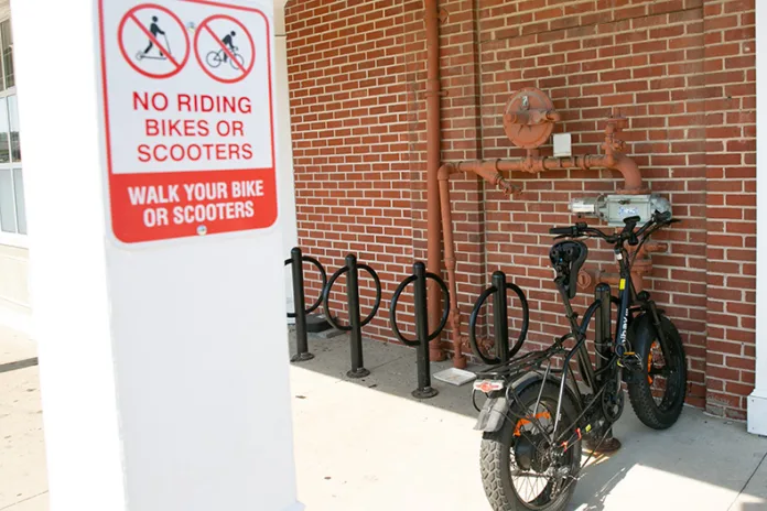 An e-bike at the Shops of Prairie VIllage in July 2025.