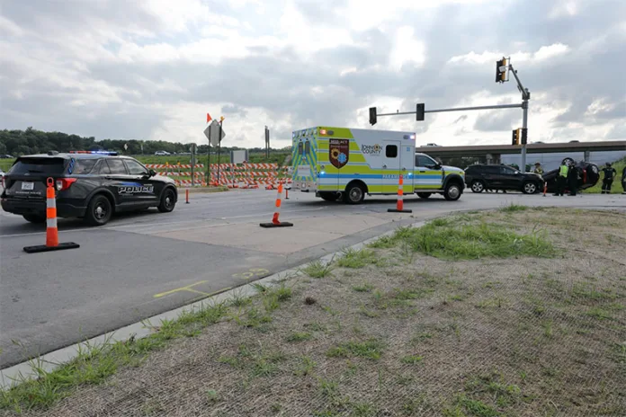 Shawnee first responders on the scene of a crash at I-435 and Midland Drive on Thursday, July 17. Photo credit Mike Frizzell.