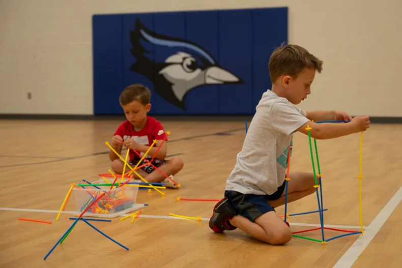 Kindergarteners build with different materials as Bentwood Elementary’s Camp Kindergarten kicks off.