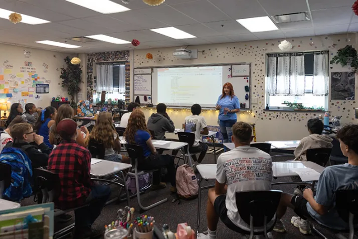 Stephanie Shephard speaks to her ninth-grade algebra class on their first day at Gardner Edgerton on Aug. 13.