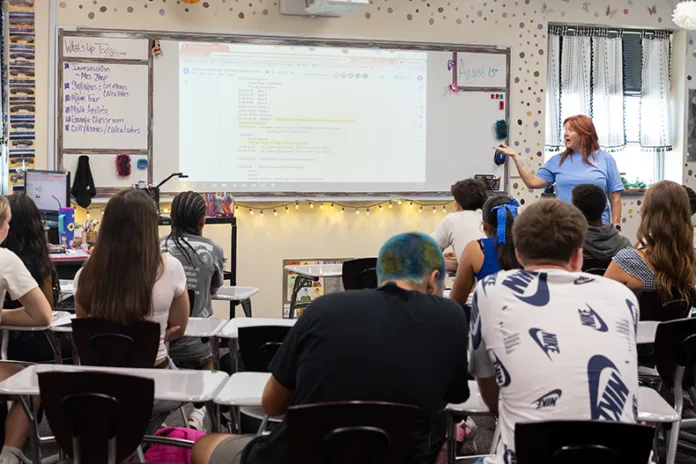 Stephanie Shephard speaks to her ninth-grade algebra class on their first day at Gardner Edgerton High on Aug. 13.