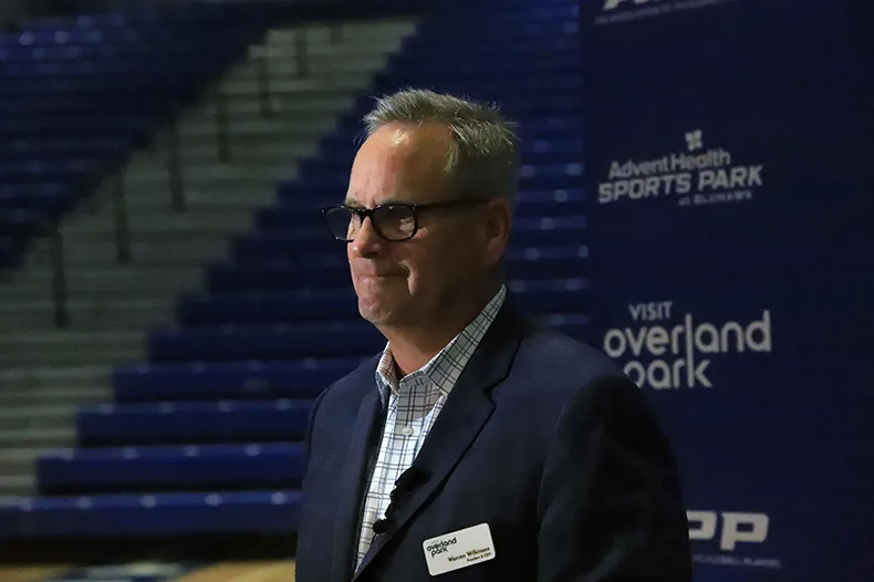 Warren Wilkinson, president and CEO of Visit Overland Park, helped announce that a national pickleball tournament would include Overland Park on its list of 12 stops on its annual tour. Photo credit Kaylie McLaughlin.