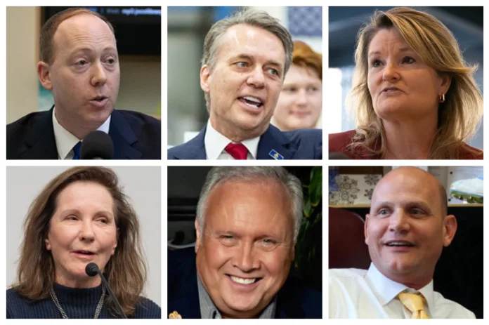 As of August 2025, there are six candidates with Johnson County ties who have declared their intention to run for Kansas governor in 20206, including (clockwise from top left) Ethan Corson, Jeff Colyer, Cindy Holscher, Scott Schwab, Doug Billings and Charlotte O'Hara.