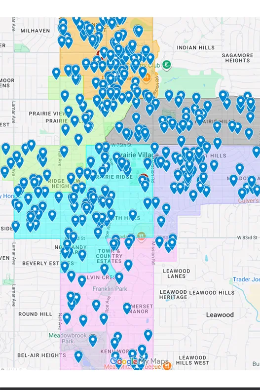 A map showing the households enrolled in Prairie Village's KC Can Compost program.