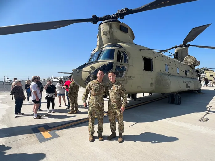 Brothers and pilots Amos and George Bechthold were emotional flying in the lead Chinook as part of the last flight formation from New Century AirCenter on Sunday morning.