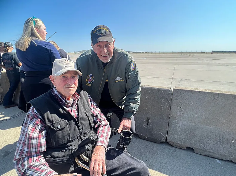 Lifelong friends and Chinook “Spartans” retirees Dudley Beck (left) and Robert Youngs tearfully reminisced on their time working with Chinooks before the historical formation flight Sunday morning.