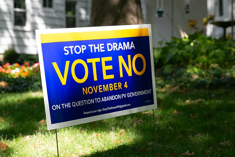 A "Stop the Drama, Vote No" sign in Prairie Village.