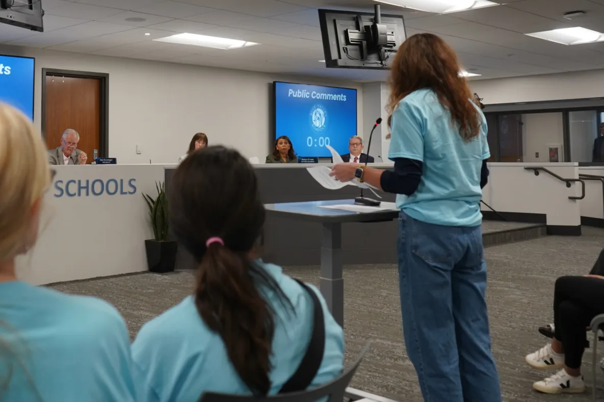 A woman at a podium addresses a dais.
