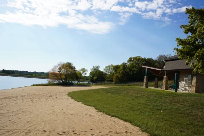The Kill Creek Park beach and boat house.