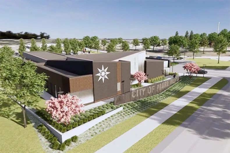 A rendering of the proposed new city hall building at 7820 Mission Road. Image via city documents.