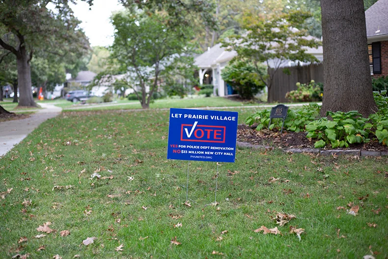A sign calling for a public vote on the city hall project in Prairie Village. Photo credit Vaughn Wheat/The Beacon.