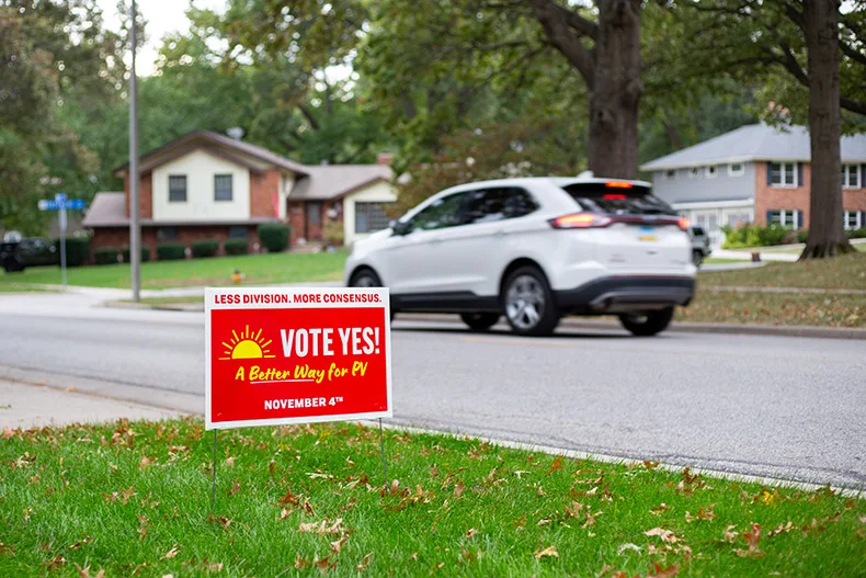 A "Vote Yes" sign outside of a Prairie Village home in 2025. Photo credit Vaughn Wheat/The Beacon.