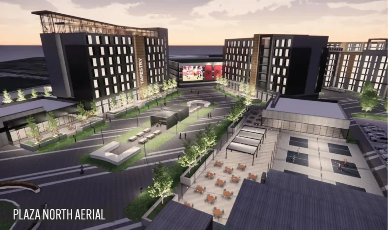 A rendering of buildings and walkways. 