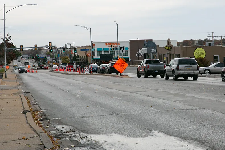 Johnson Drive looking east from the Metcalf Avenue bridge.