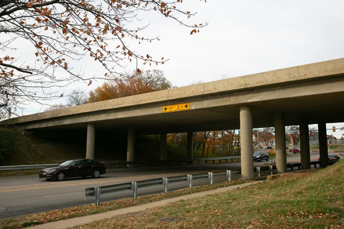 The Metcalf Avenue bridge looking west from Johnson Drive.