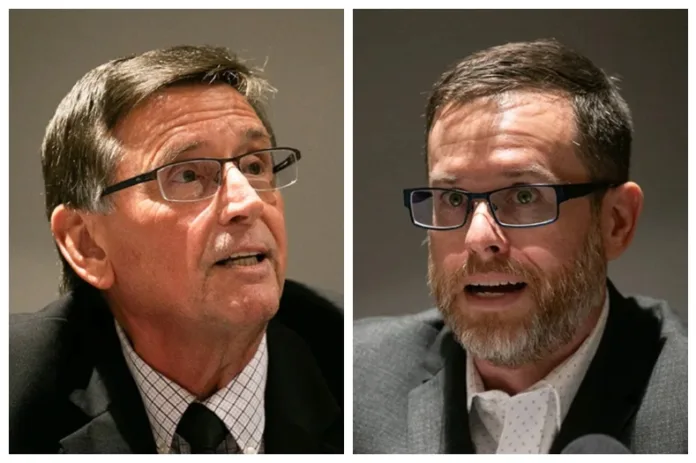 Olathe voters picked Jeff Creighton (left) for the at-large seat and Kevin Deneault for the Ward 4 seat on the Olathe City Council.