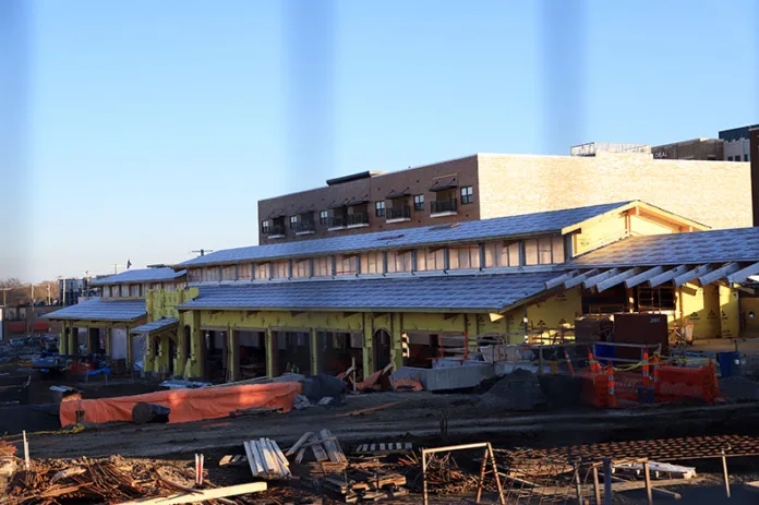 Construction on Clock Tower Landing in downtown Overland Park continues.