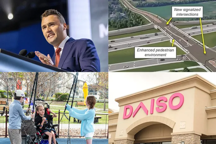 A four photo collage. Top left: Charlie Kirk.