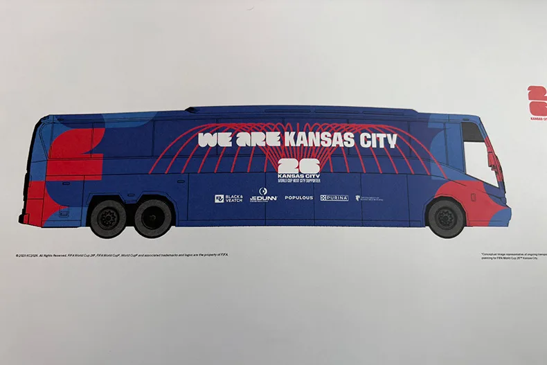 The proposed design for the buses in the temporary public transit system for the World Cup.