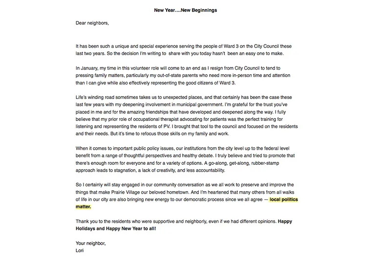 A screenshot of Sharp's resignation newsletter. Screenshot courtesy Lori Sharp/via email. 