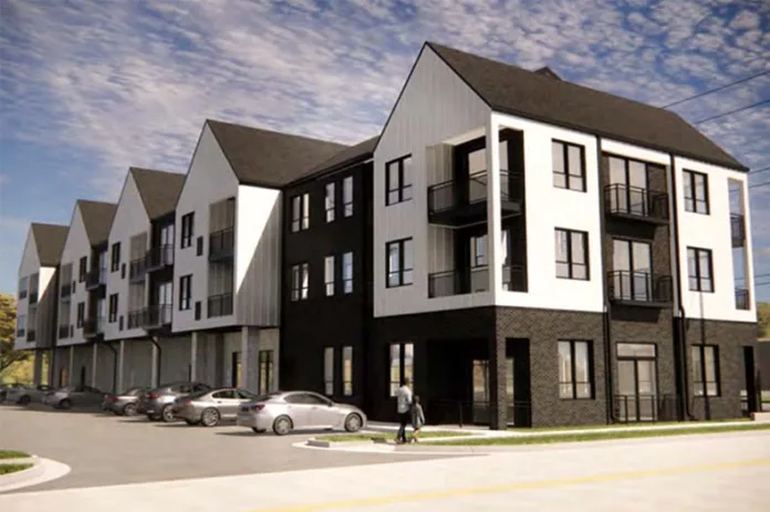 The proposed mixed-use apartments with ground-floor retail at the corner of 87th Street and Grant in northern Overland Park.