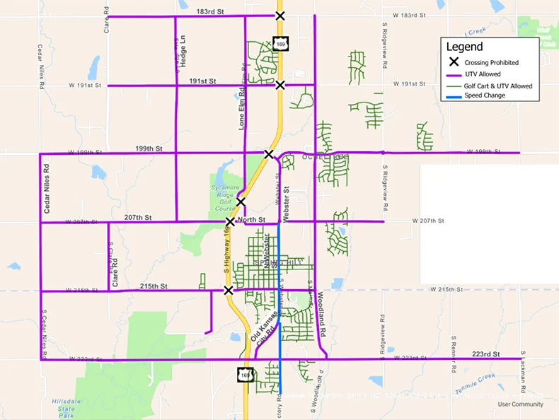 A map of Spring Hill's roads that indicate where golf carts and UTVs are permitted or restricted.
