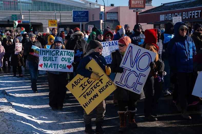 Hundreds of people protesting against Immigration and Customs Enforcement and the Trump administration's policies in Minneapolis, Minnesota. 