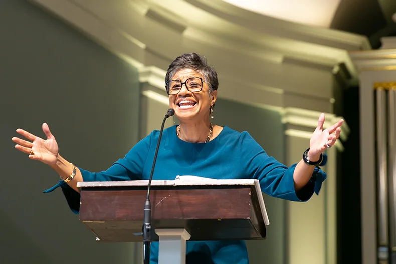 Mayor/CEO Watson, of the United Government of Kansas City, Kansas, and Wyandotte County, gives her keynote speech. Photo credit Juliana Garcia. 