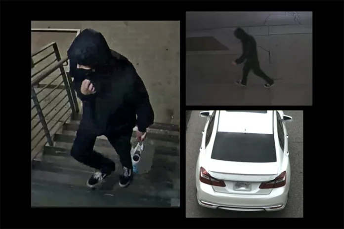 A screenshot shared in an email to all Lenexa patrol officers shows the person who hung posters on city property, while another photo depicts Canyen Ashworth's car. KCUR has blurred the car's license plate because Lenexa police have not confirmed any connection between Ashworth and the posters.