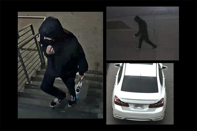 A screenshot shared in an email to all Lenexa patrol officers shows the person who hung posters on city property, while another photo depicts Canyen Ashworth's car. KCUR has blurred the car's license plate because Lenexa police have not confirmed any connection between Ashworth and the posters.